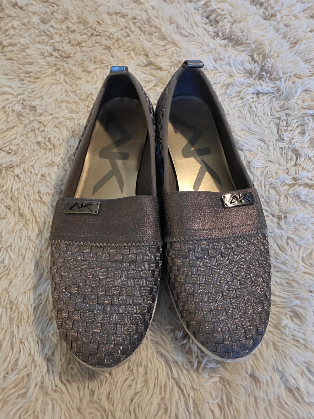 Anne Klein Overthetop Metallic Gray Woven Textile Upper Slip-On Flats - Size 7.5